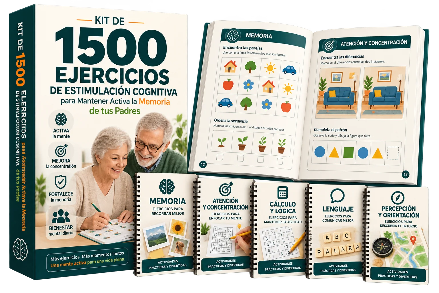 Producto principal del kit de 1500 ejercicios con ejemplos de páginas de lenguaje, atención y cálculo