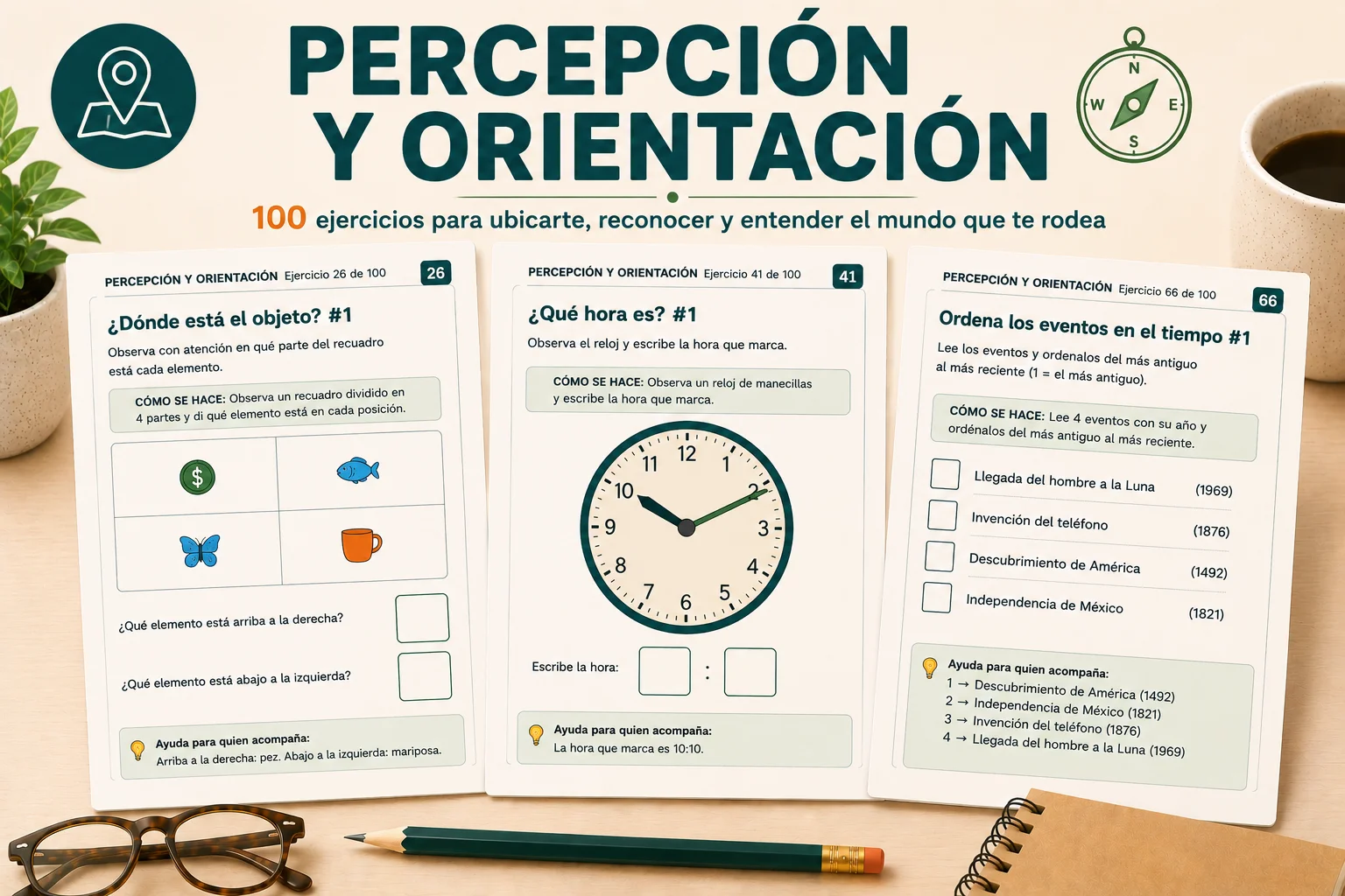 Reloj, calendario y figuras para ejercicios de percepción y orientación