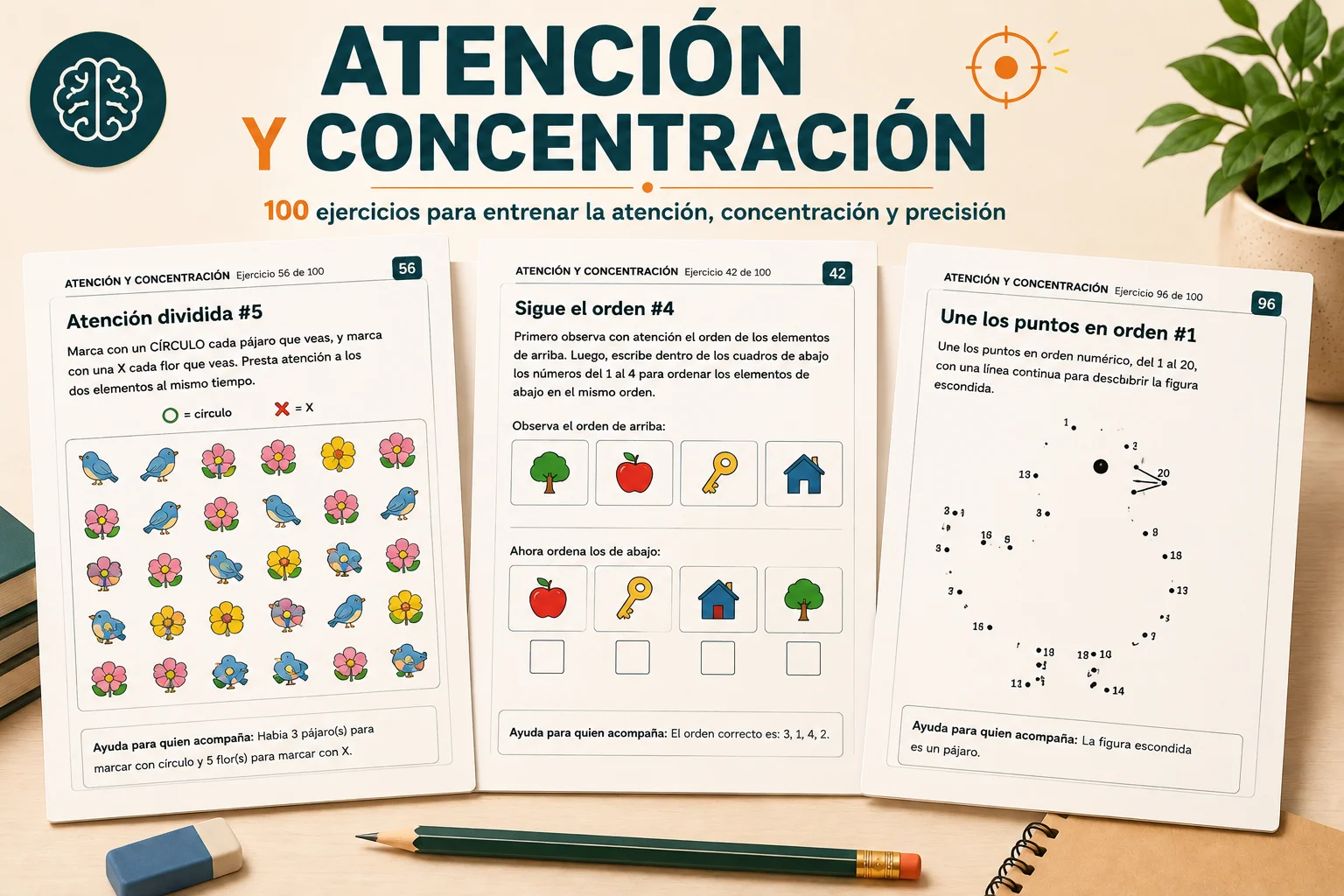 Láminas visuales y elementos de precisión para ejercicios de atención