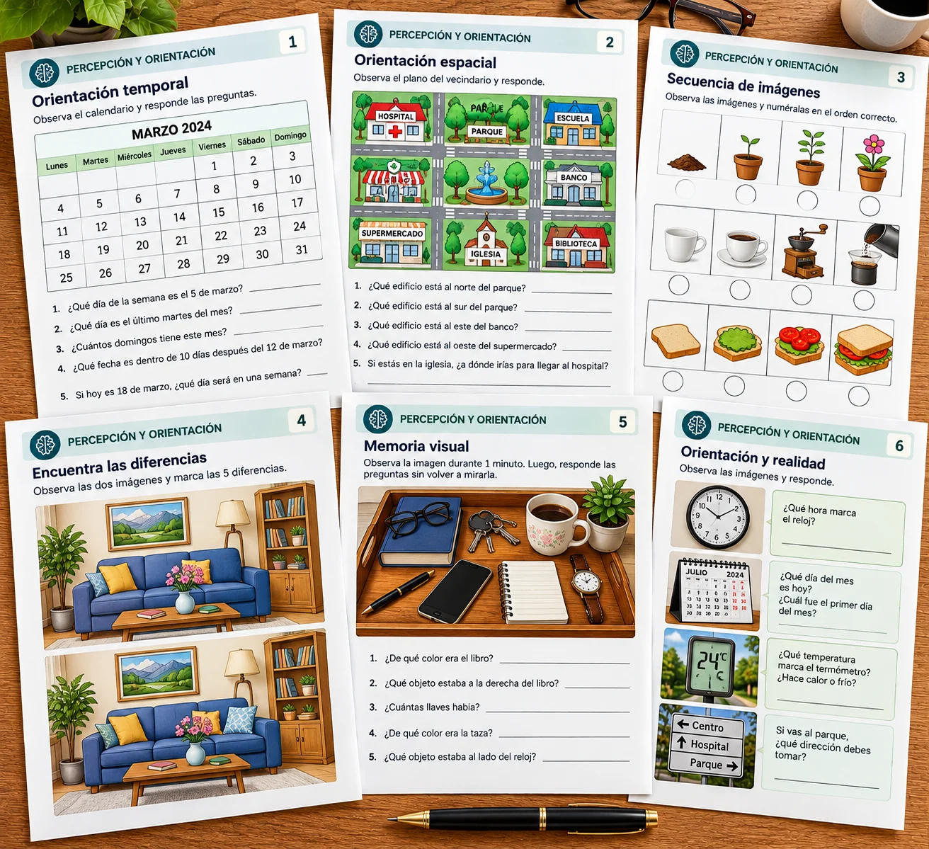 Reloj, calendario y figuras para ejercicios de percepción y orientación