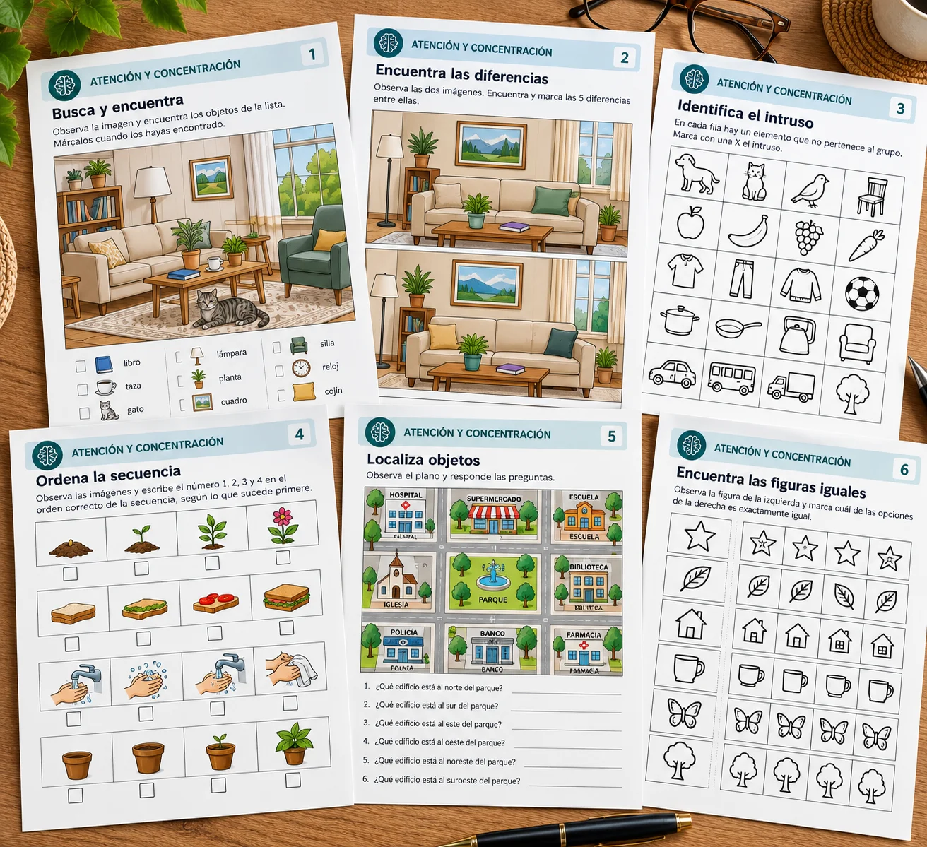 Láminas visuales y elementos de precisión para ejercicios de atención